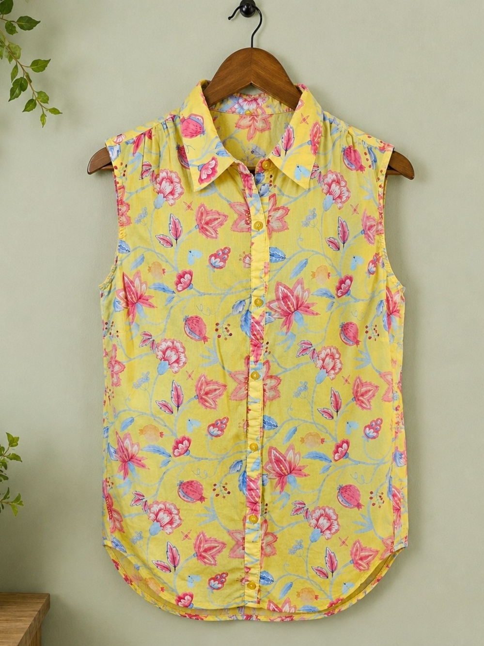 NorthStyle 1X 100% Cotton Floral Button Up Sleeveless Blouse Yellow Casual Top